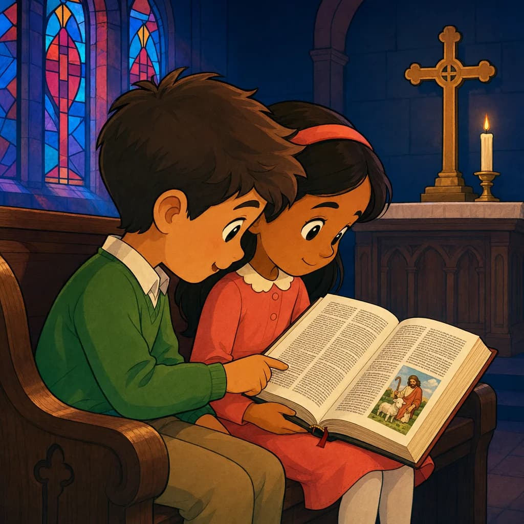 Two children sit together in a church pew, reading from a small illustrated missal lit by stained-glass light.